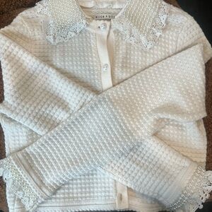 Alice + Olivia Ivory Pearl Lace-Trim Knit Cardigan